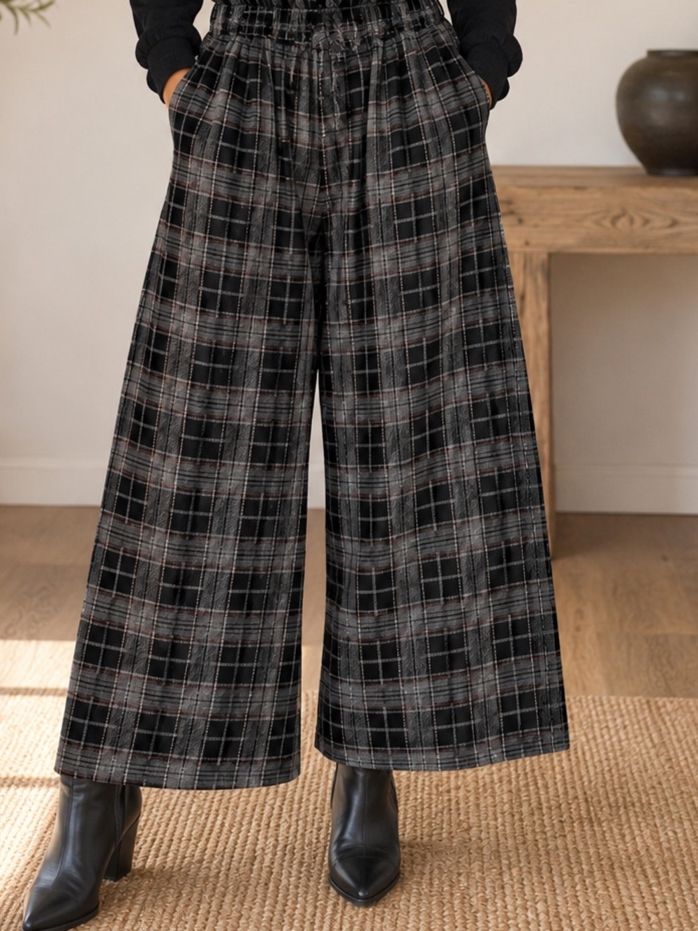 Made in Italy Wide Leg Plaid Trouser Pants - Black